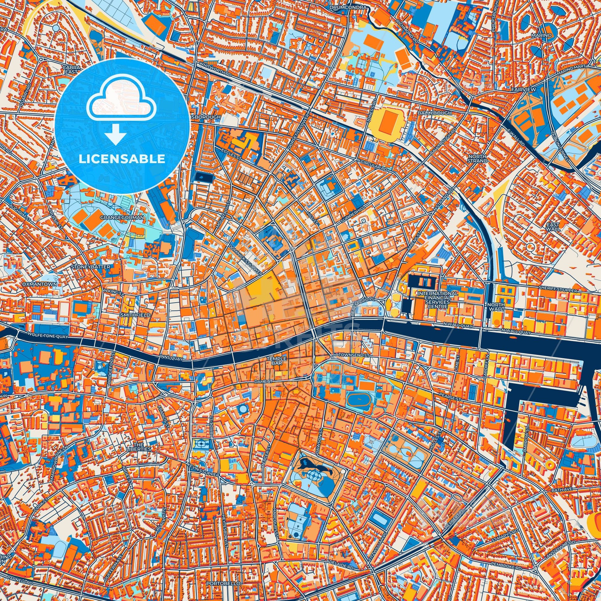 Colorful Dublin Street Map with Labels and Buildings