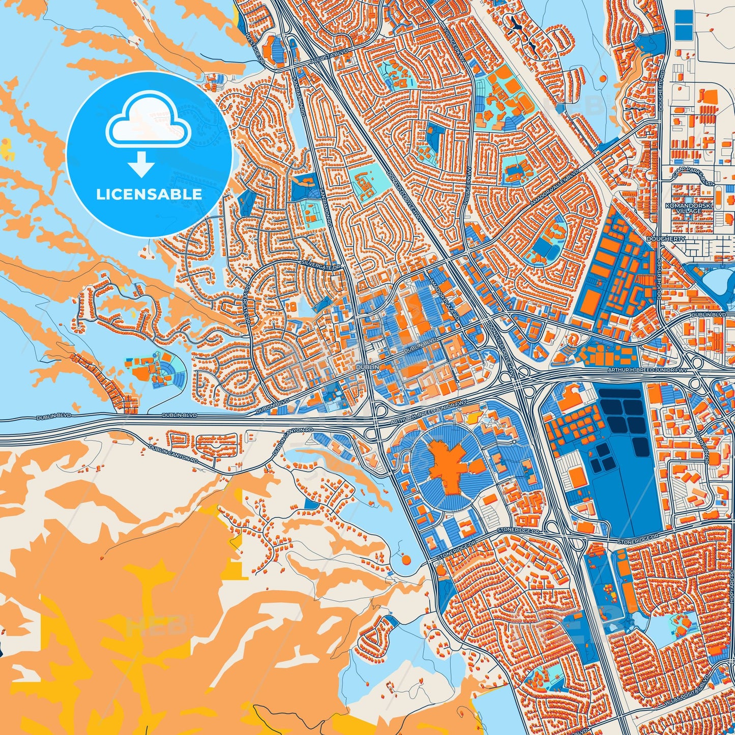 Colorful Dublin Street Map with Labels and Buildings