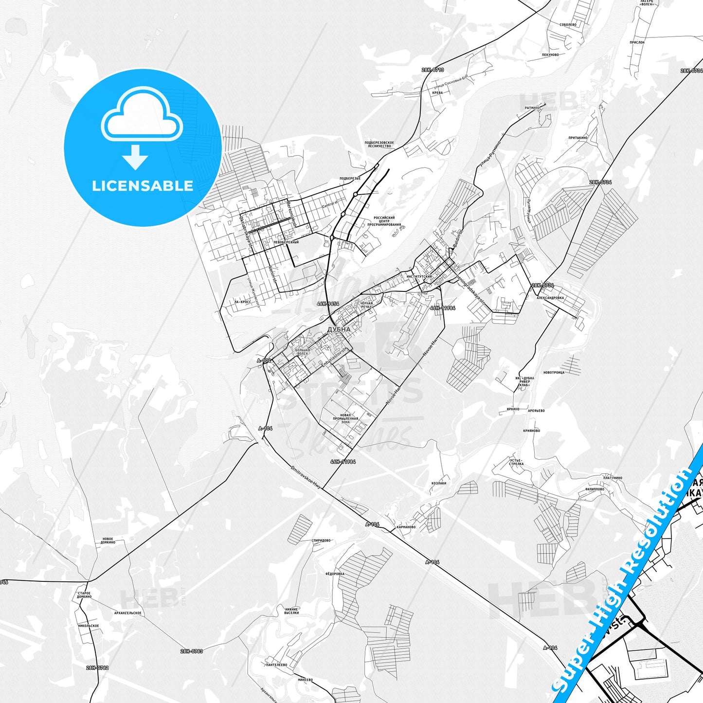 Dubna, Russia light map with streetnames, citynames and districts