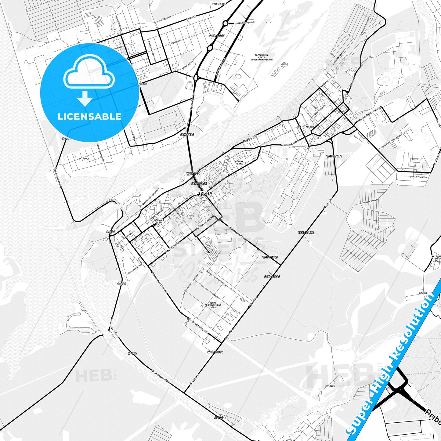 Dubna, Russia Light Map with Street Names, City Names, and Districts