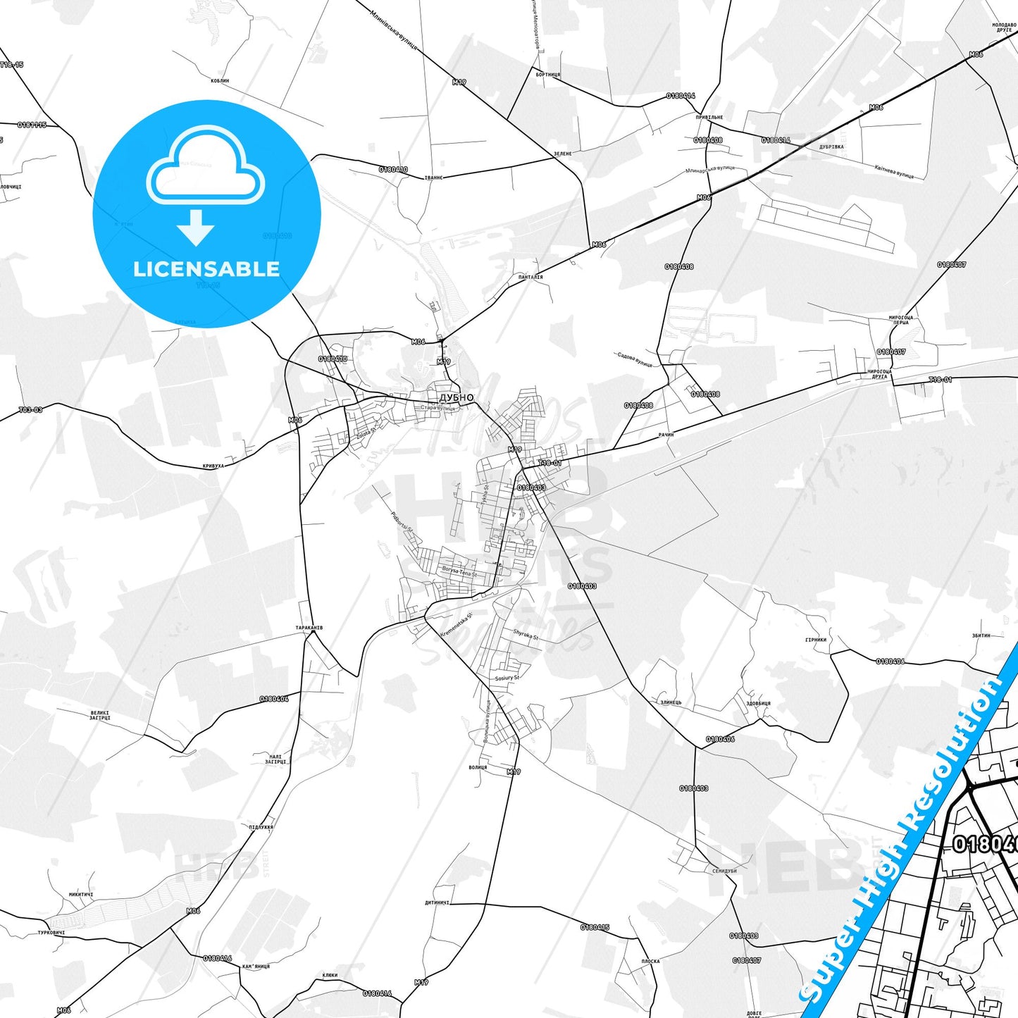 Dubno, Ukraine light map with streetnames, citynames and districts