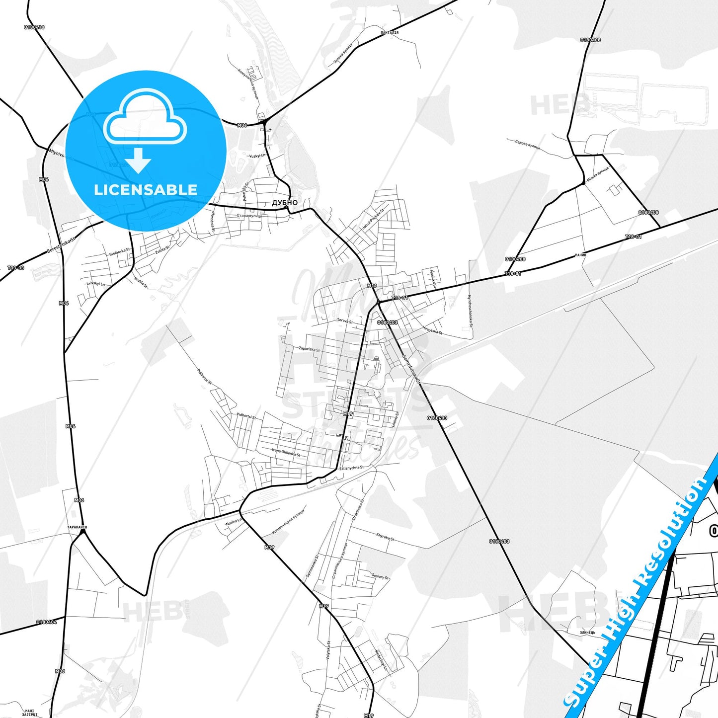 Dubno, Ukraine Light Map with Street Names, City Names, and Districts