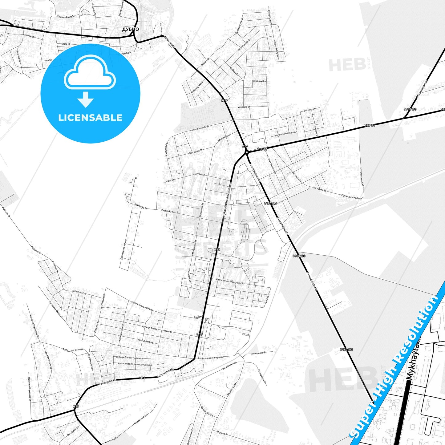 Dubno, Ukraine Light Map with Street Names, City Names, and Districts