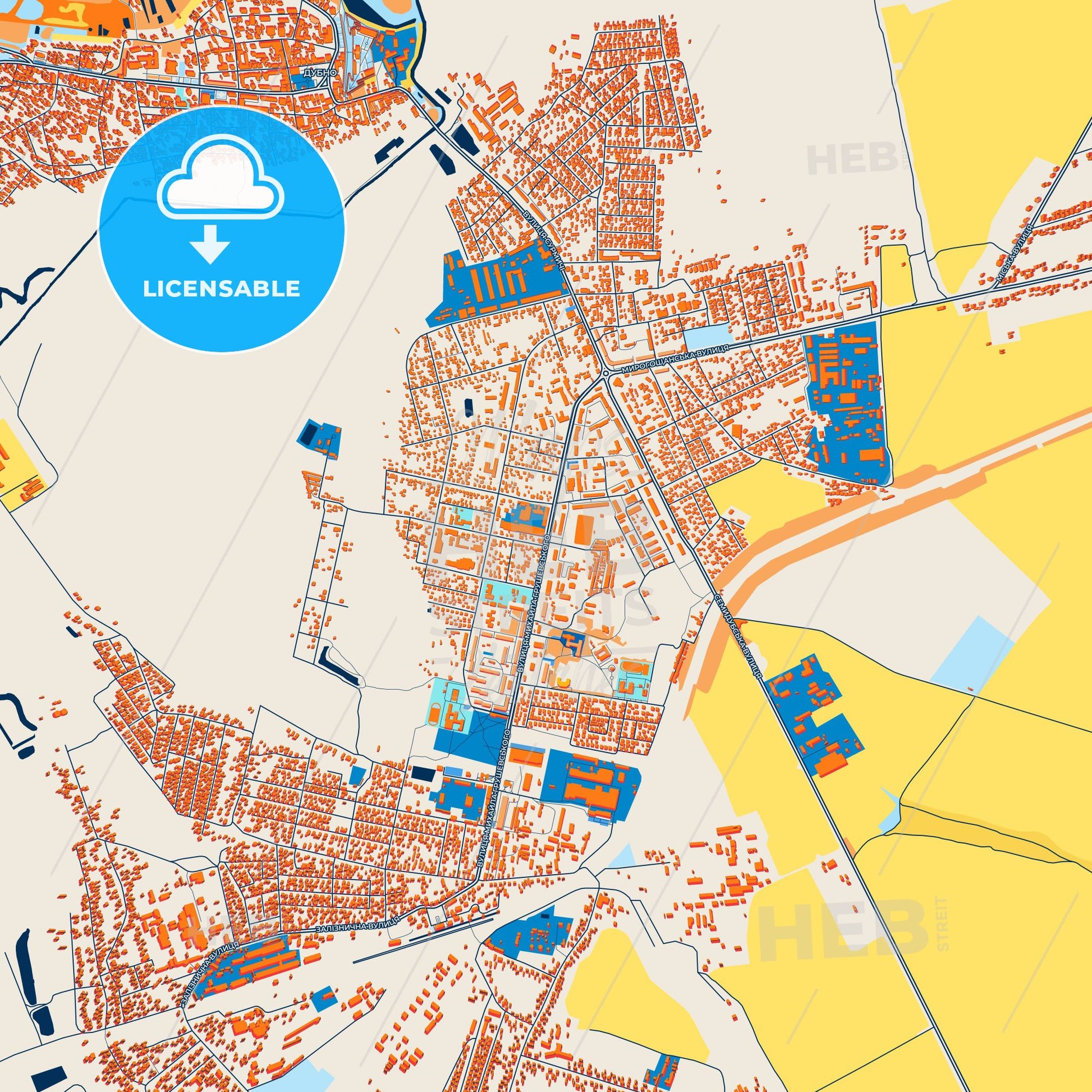 Colorful Dubno Street Map with Labels and Buildings