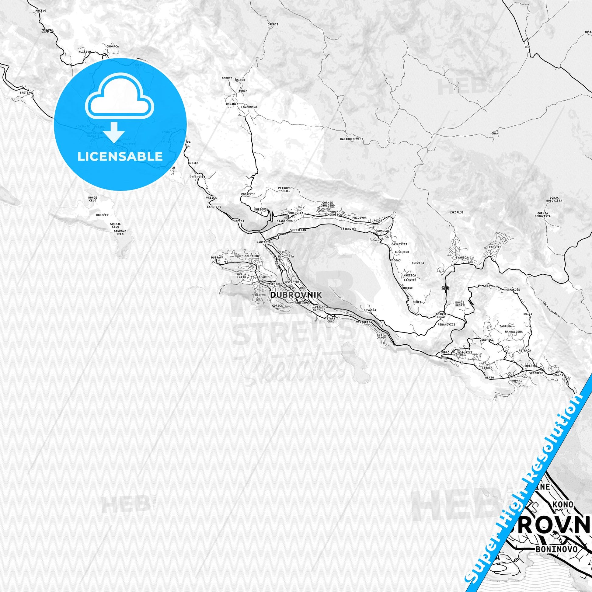 Dubrovnik, Croatia light map with streetnames, citynames and districts
