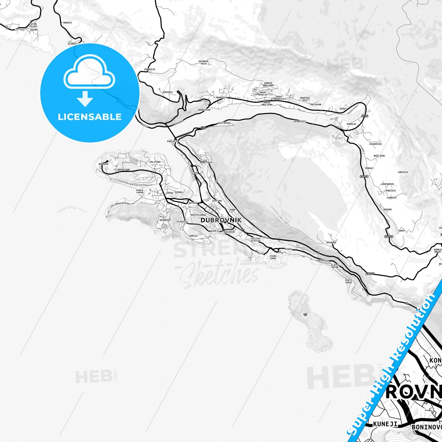 Dubrovnik, Croatia Light Map with Street Names, City Names, and Districts