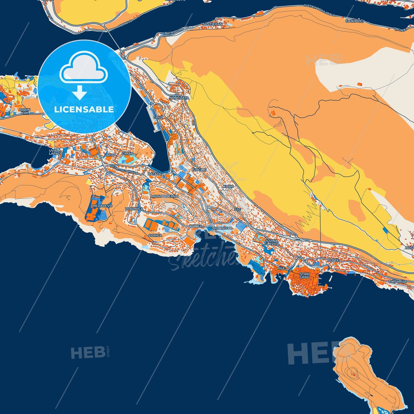 Colorful Dubrovnik Street Map with Labels and Buildings