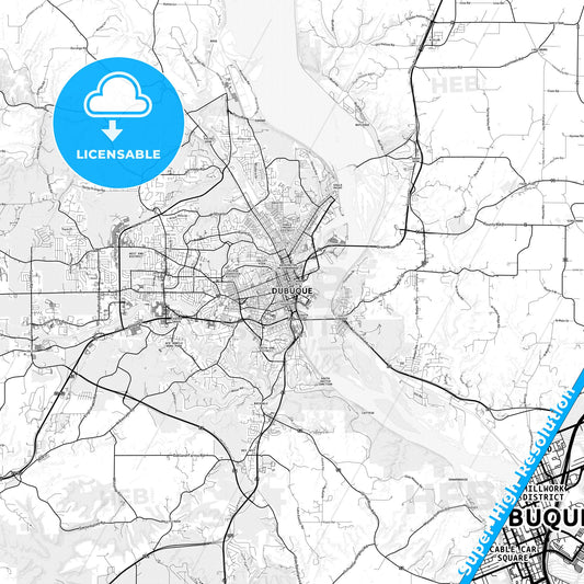 Dubuque, Iowa light map with streetnames, citynames and districts