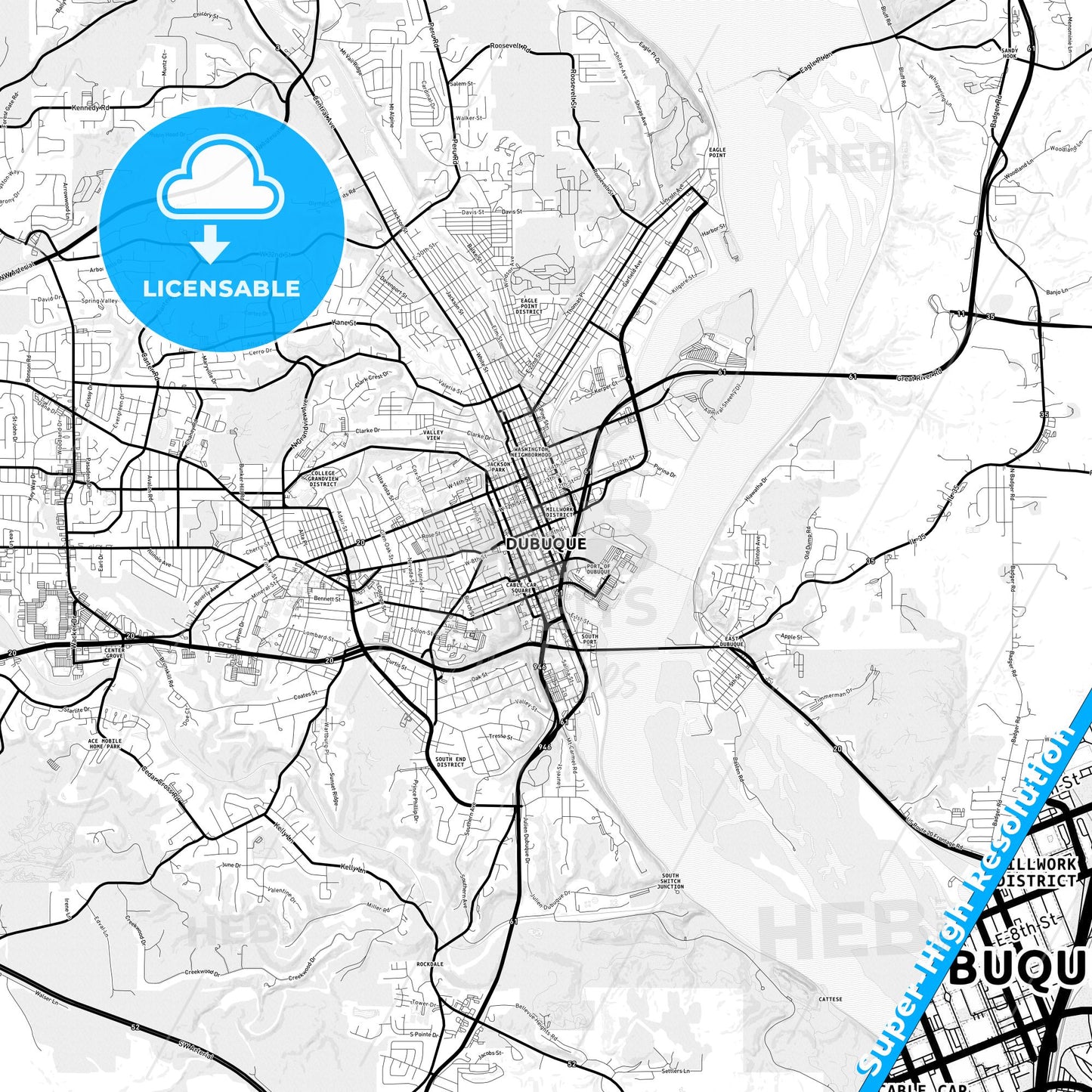 Dubuque, Iowa Light Map with Street Names, City Names, and Districts