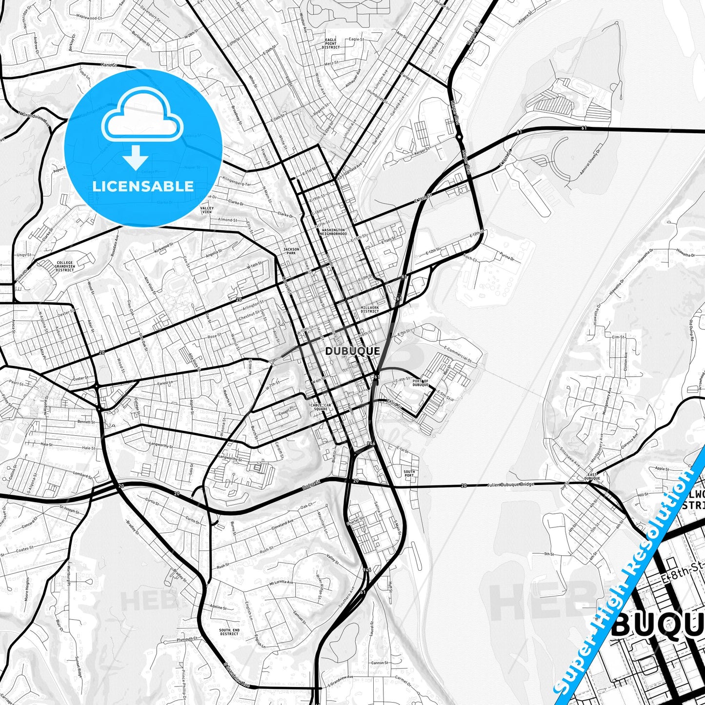 Dubuque, Iowa Light Map with Street Names, City Names, and Districts