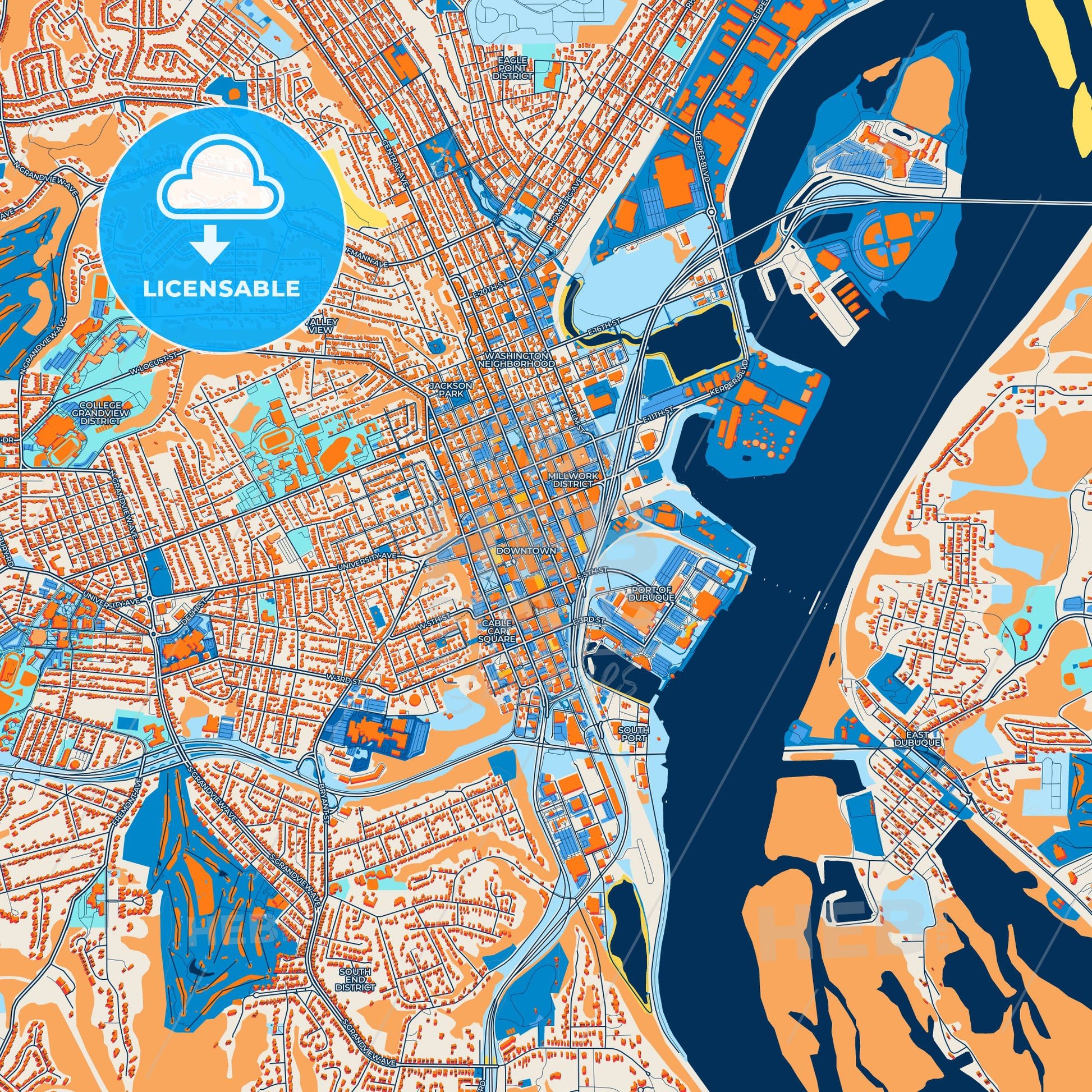 Colorful Dubuque Street Map with Labels and Buildings