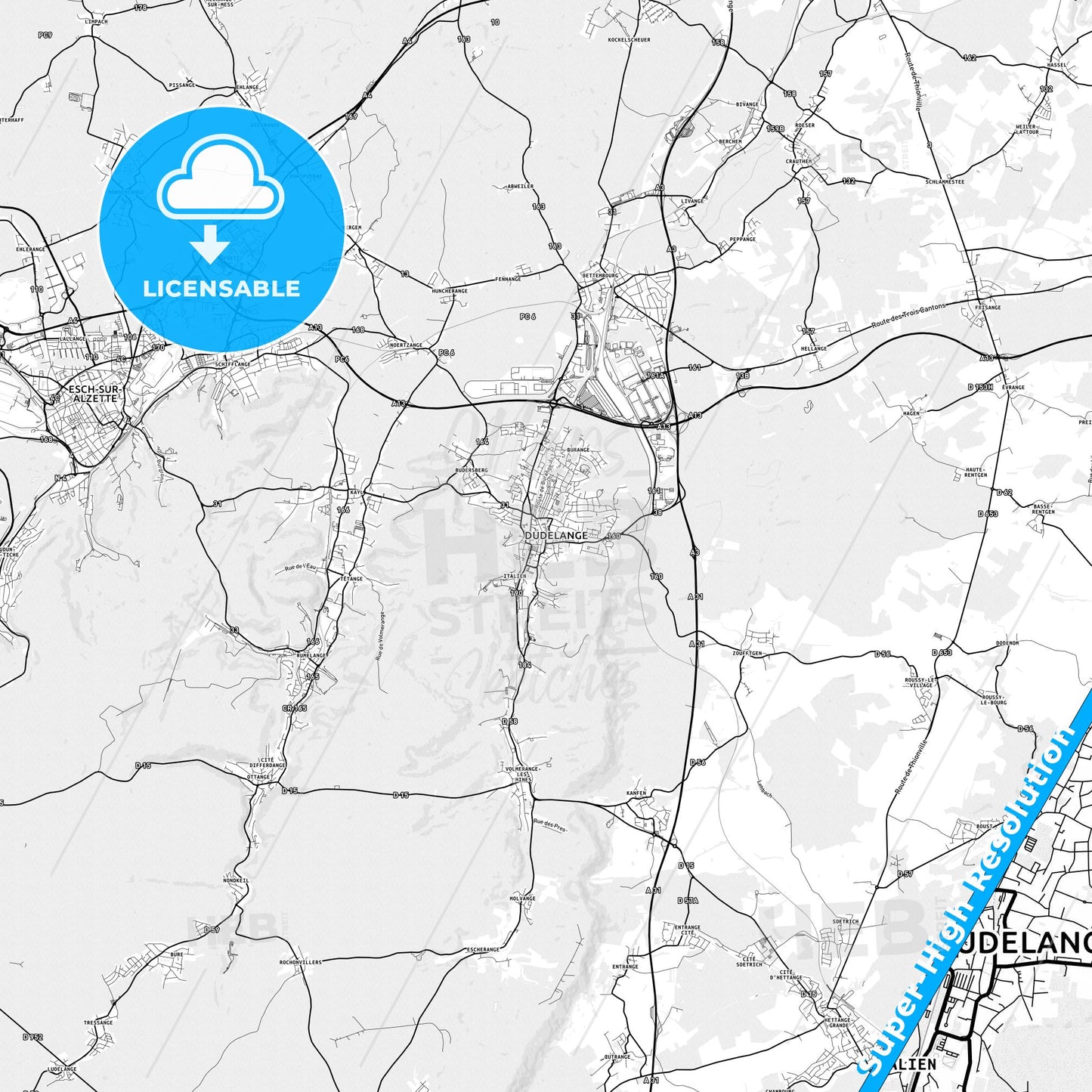 Dudelange, Luxembourg light map with streetnames, citynames and districts