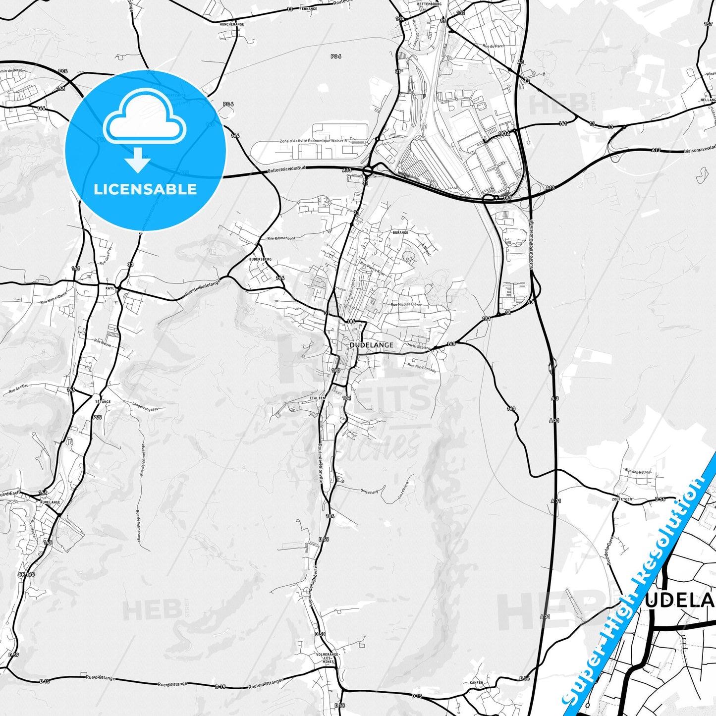 Dudelange, Luxembourg Light Map with Street Names, City Names, and Districts