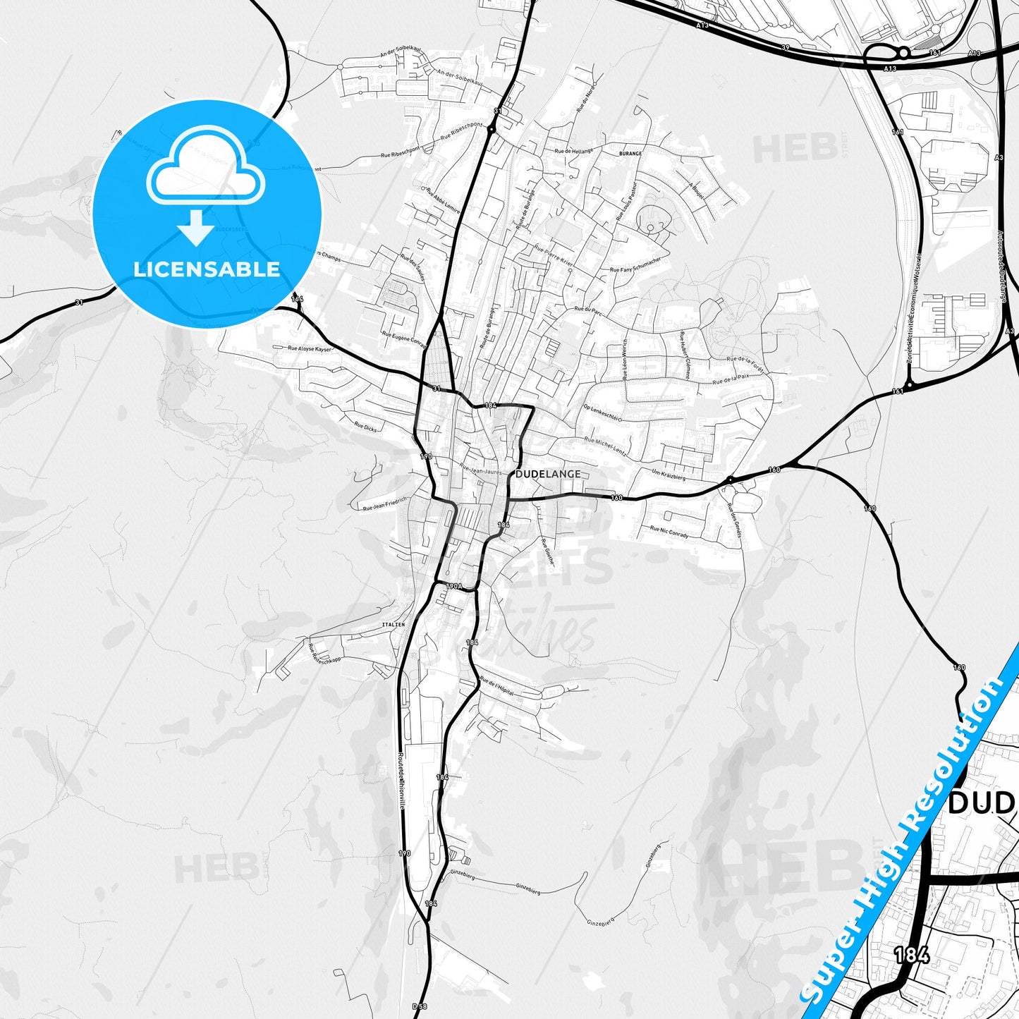 Dudelange, Luxembourg Light Map with Street Names, City Names, and Districts