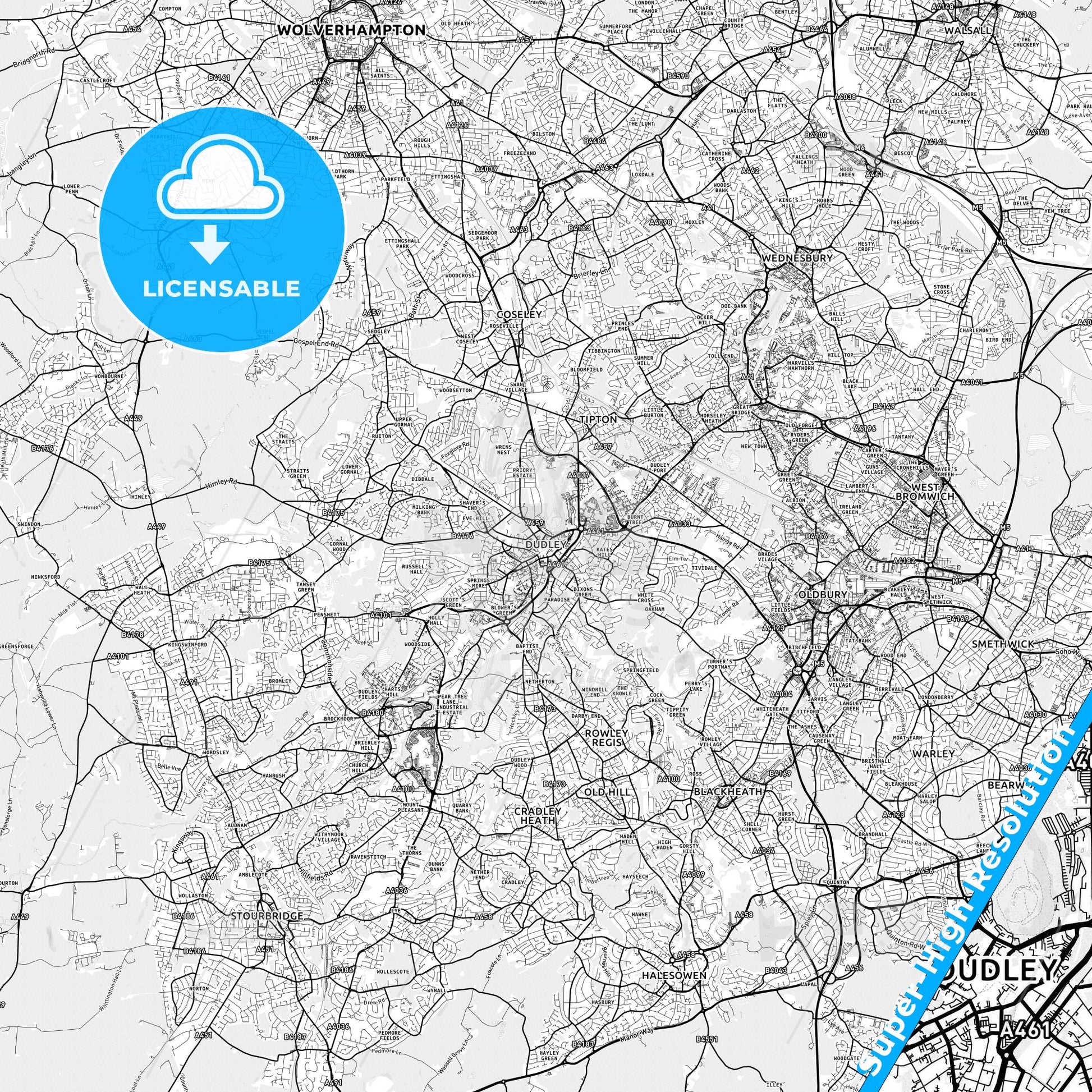 Dudley, England light map with streetnames, citynames and districts