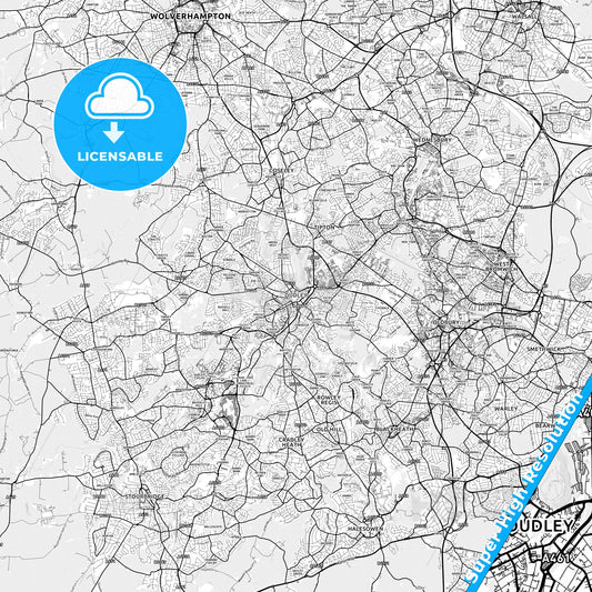Dudley, England light map with streetnames, citynames and districts