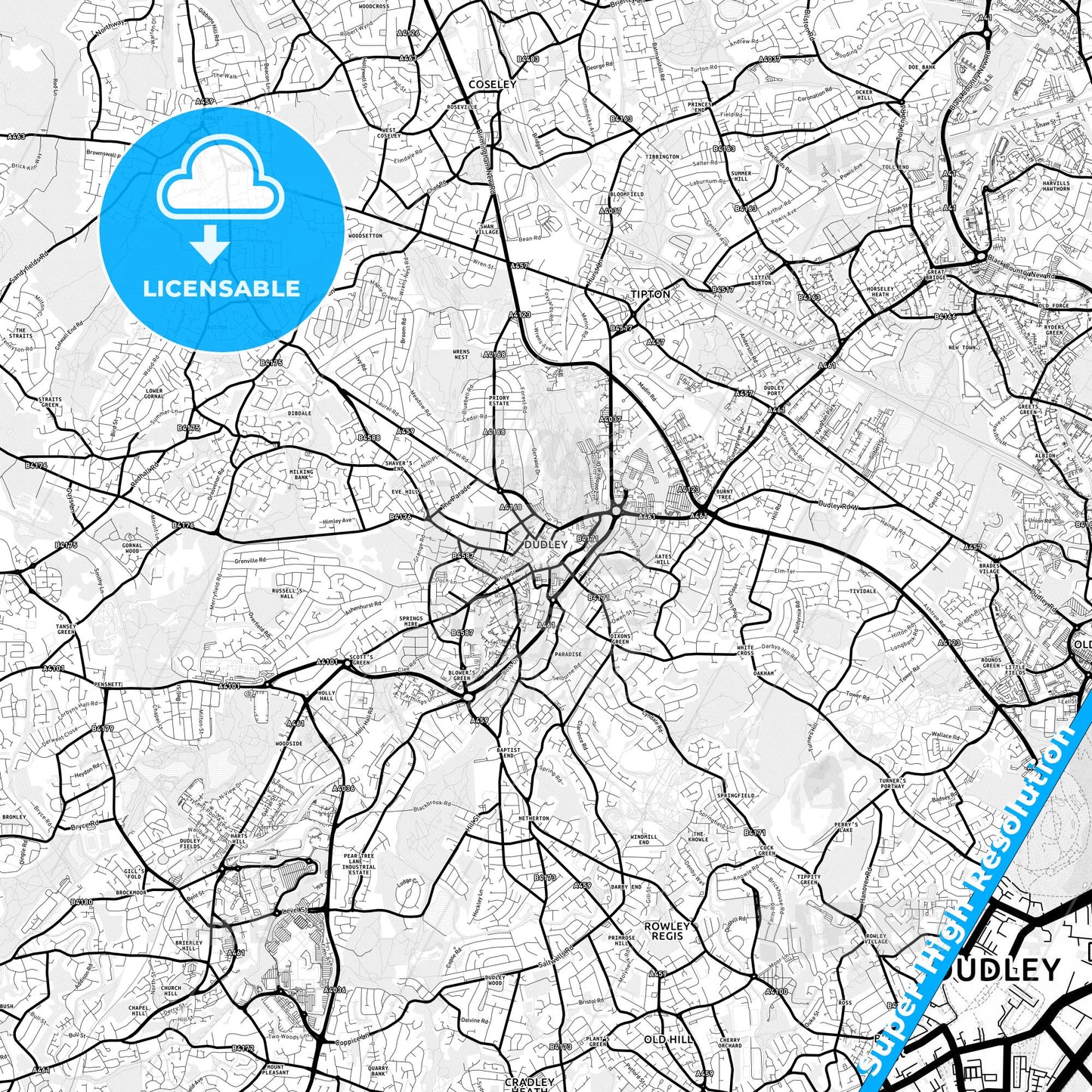 Dudley, England Light Map with Street Names, City Names, and Districts