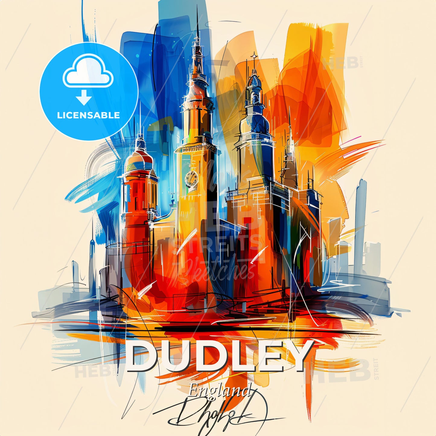 Vibrant Dudley, England - A Colorful Painting Of A Building - Square format print template