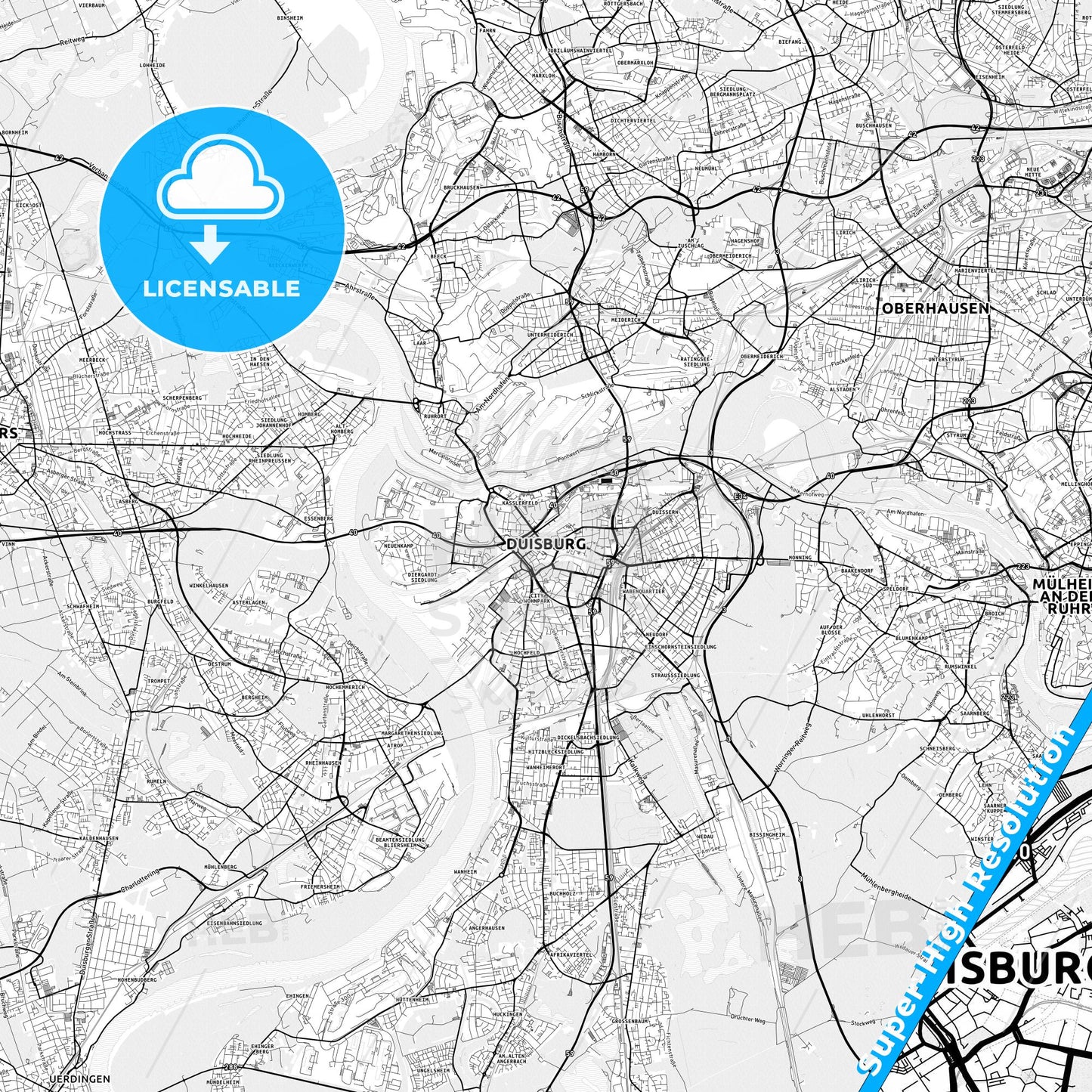 Duisburg, Germany light map with streetnames, citynames and districts