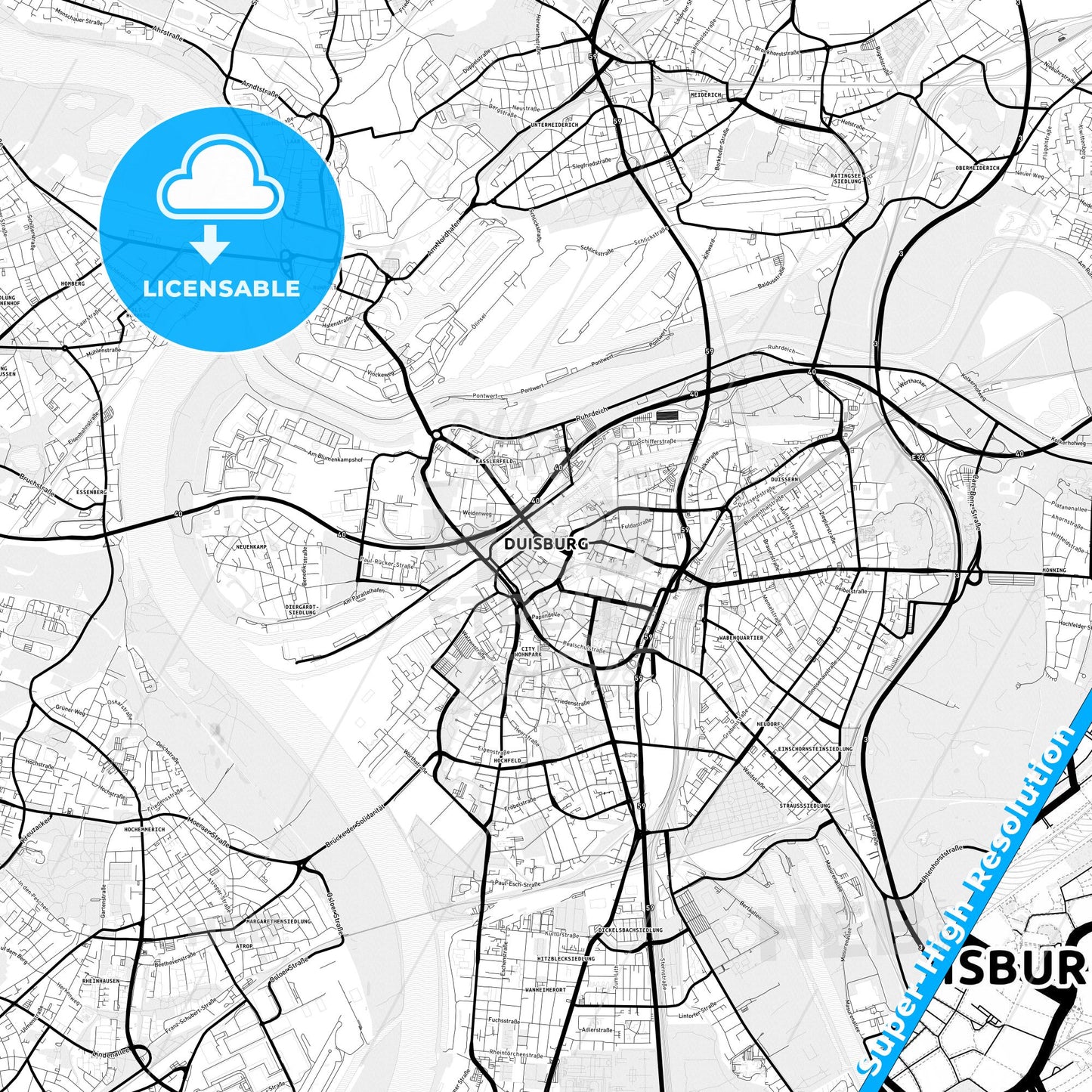 Duisburg, Germany Light Map with Street Names, City Names, and Districts