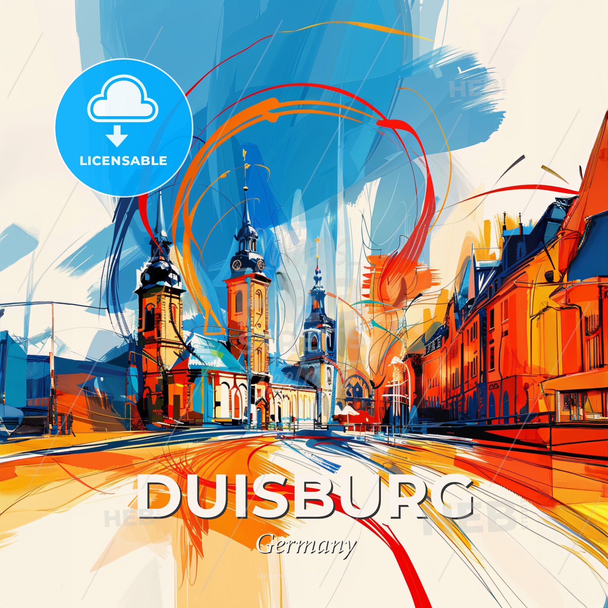 Vibrant Duisburg, Germany - A Street With Buildings And A Church - Square format print template