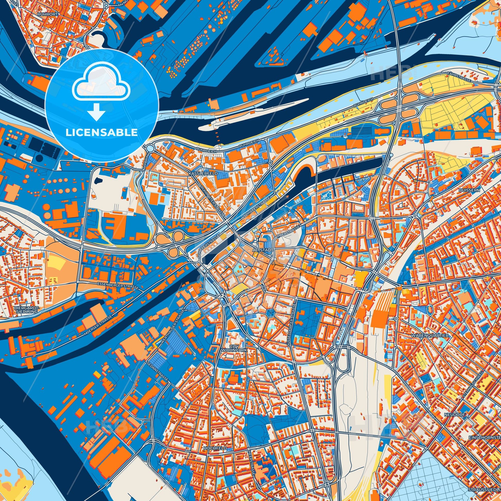 Colorful Duisburg Street Map with Labels and Buildings