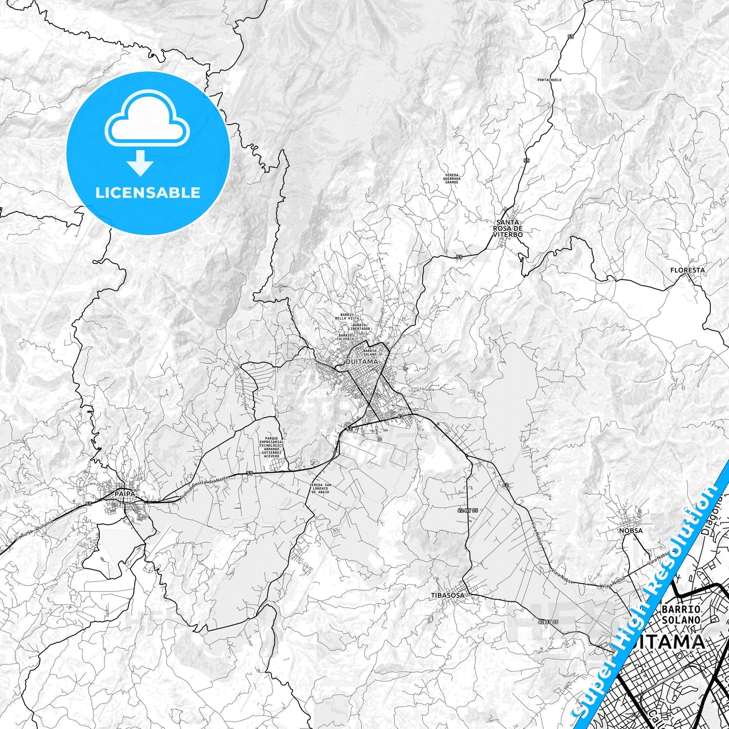 Duitama, Colombia light map with streetnames, citynames and districts