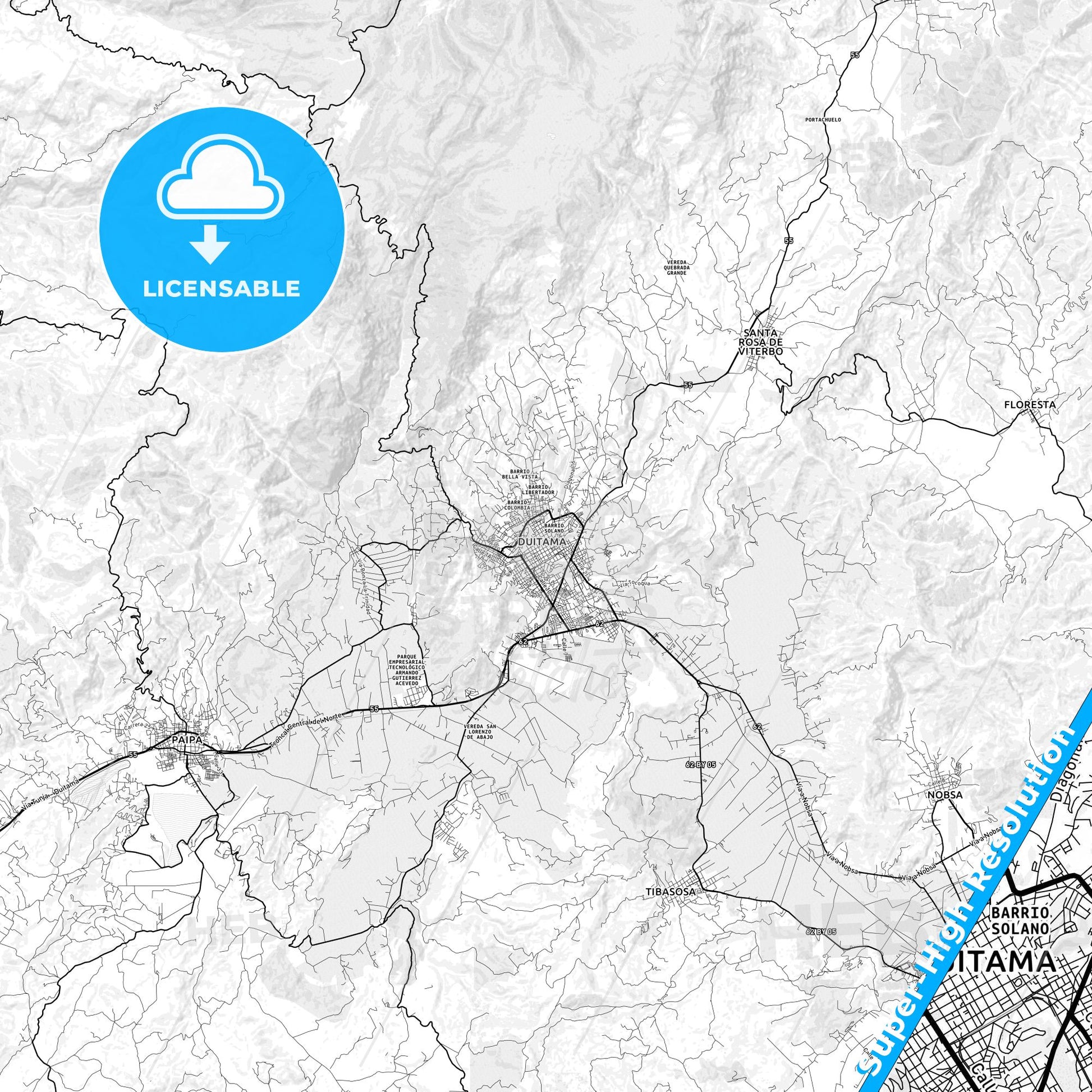 Duitama, Colombia light map with streetnames, citynames and districts