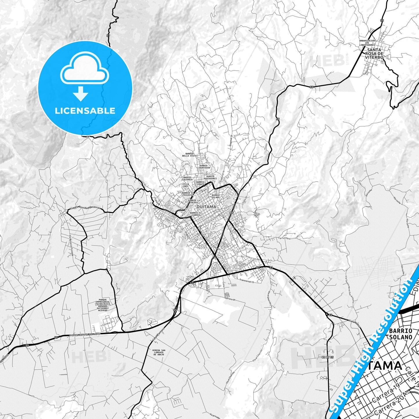 Duitama, Colombia Light Map with Street Names, City Names, and Districts
