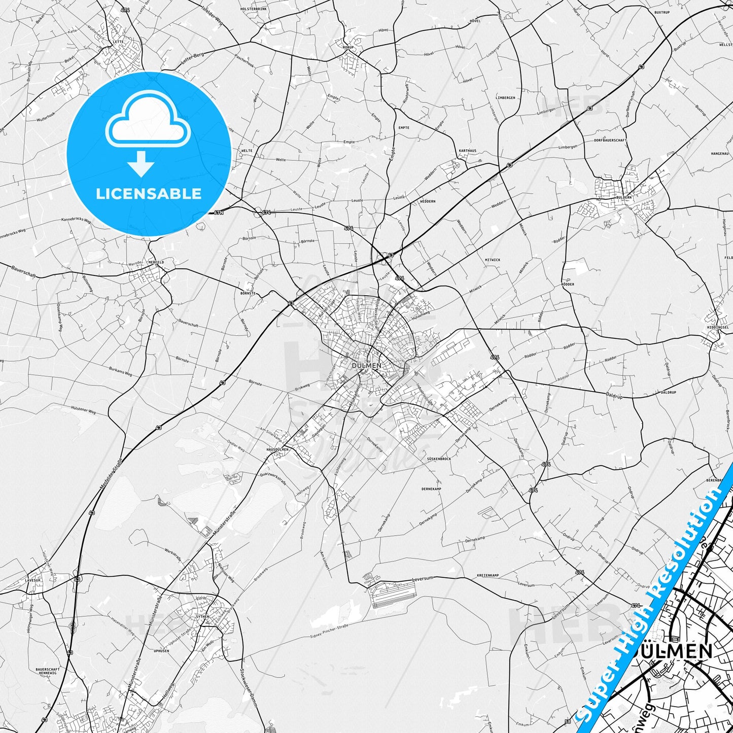 Dulmen, Germany light map with streetnames, citynames and districts
