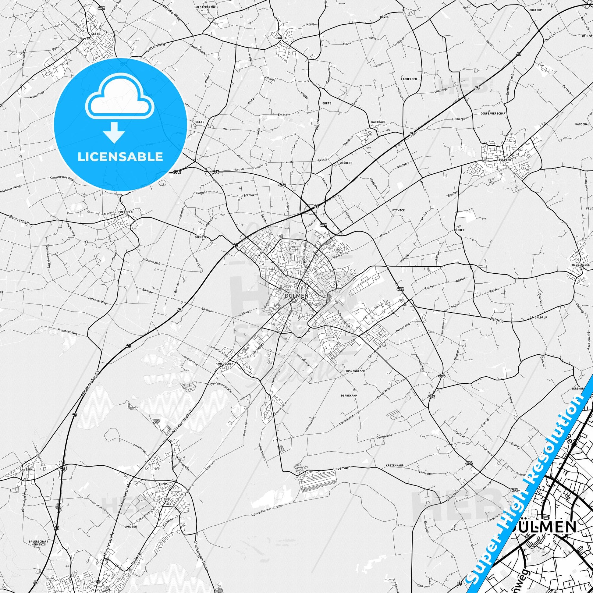 Dulmen, Germany light map with streetnames, citynames and districts