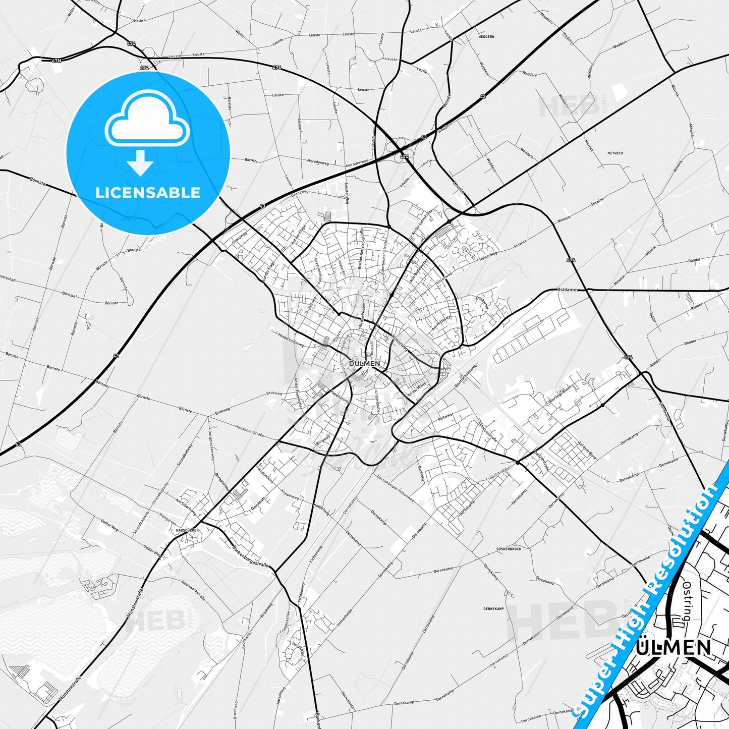 Dulmen, Germany Light Map with Street Names, City Names, and Districts
