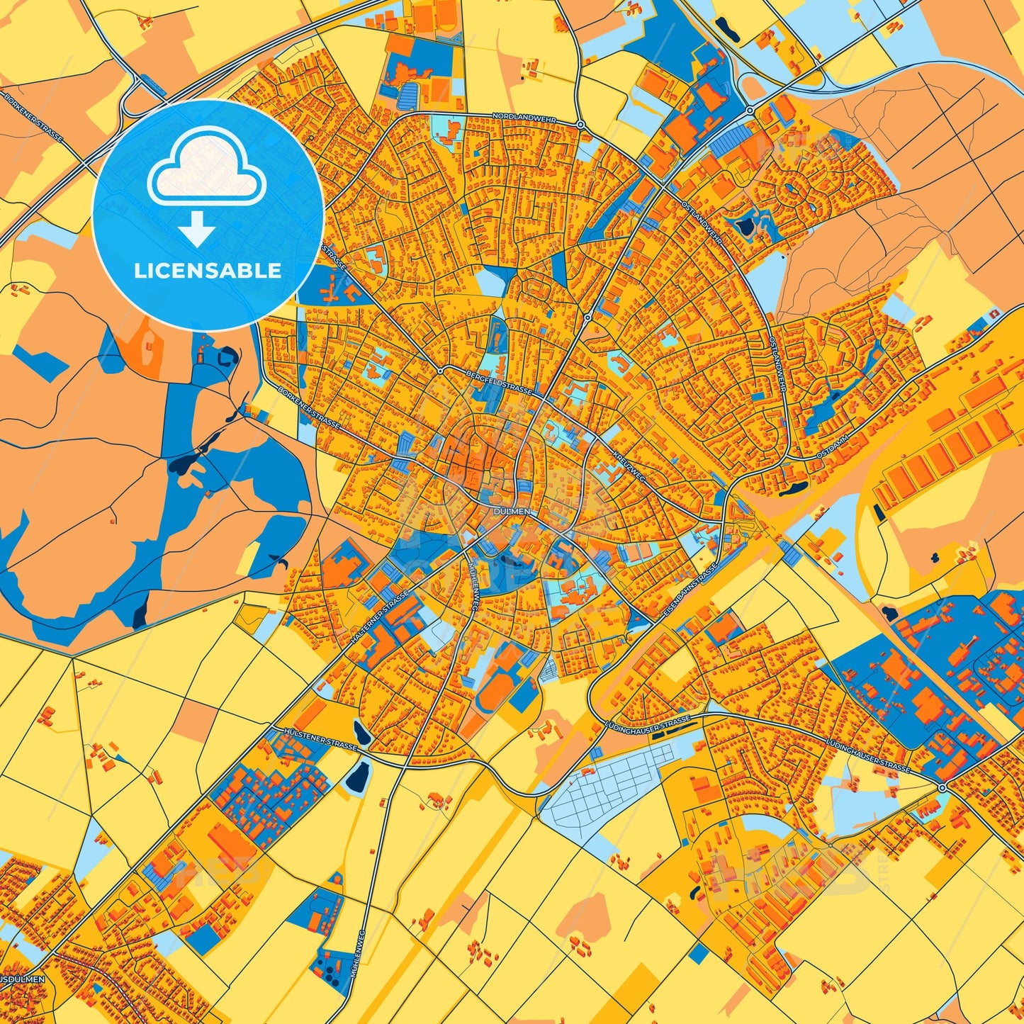 Colorful Dulmen Street Map with Labels and Buildings