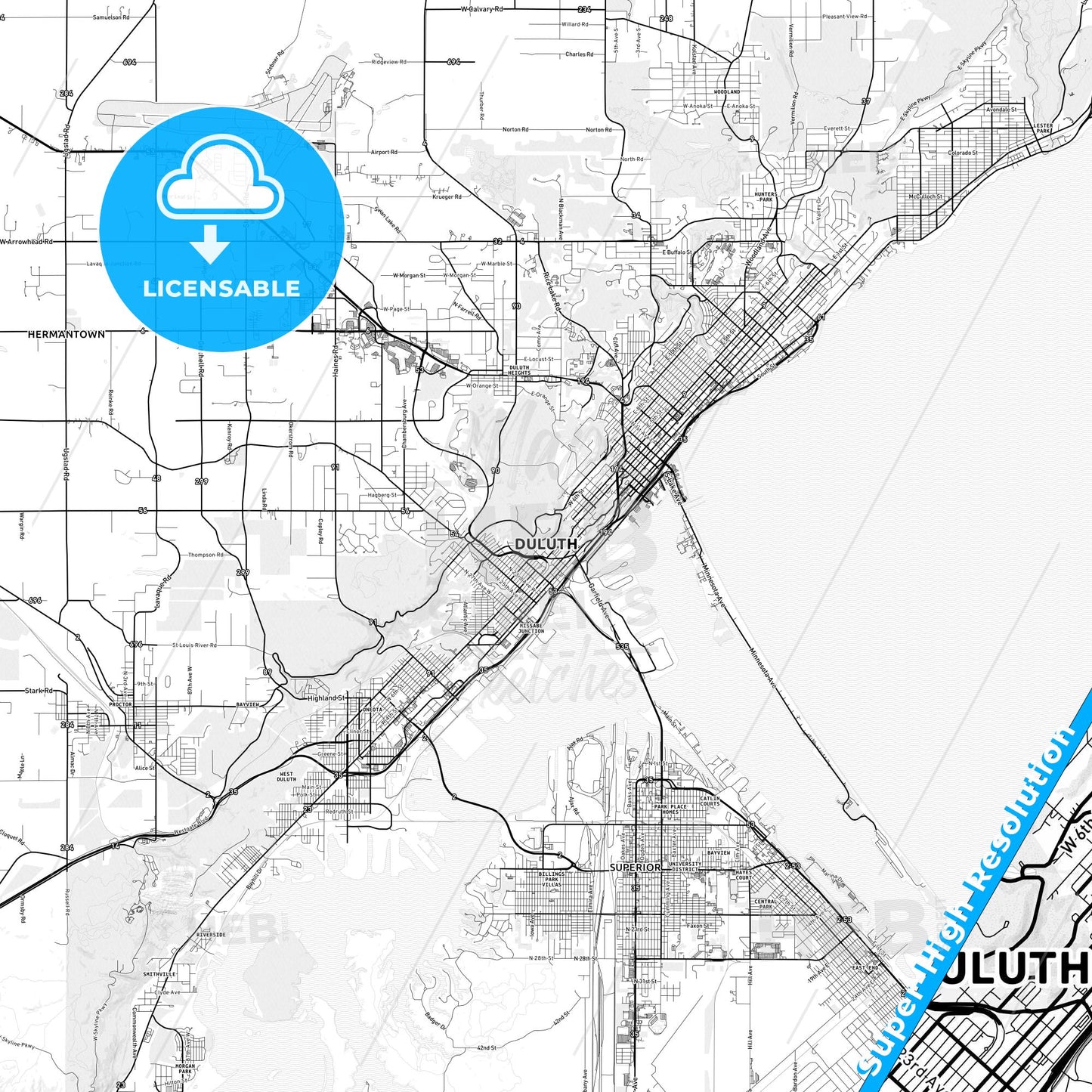 Duluth, Minnesota light map with streetnames, citynames and districts