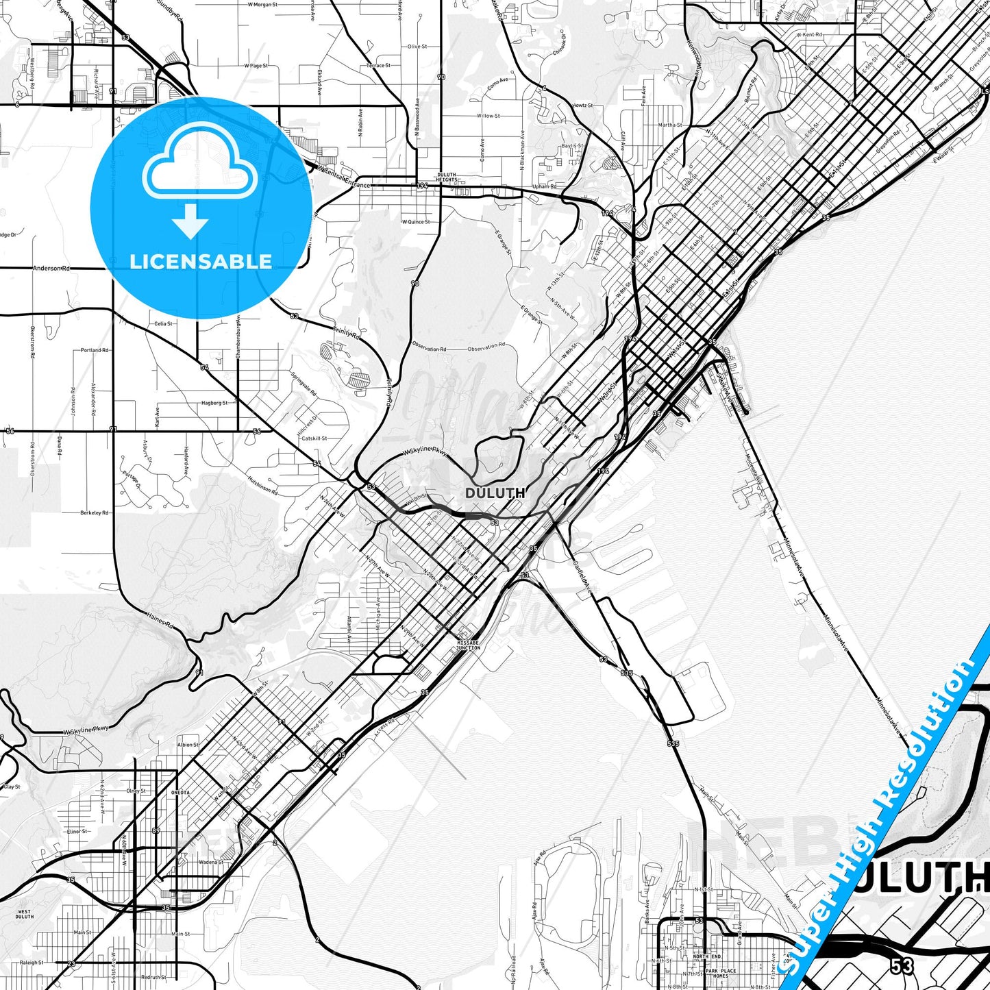 Duluth, Minnesota Light Map with Street Names, City Names, and Districts