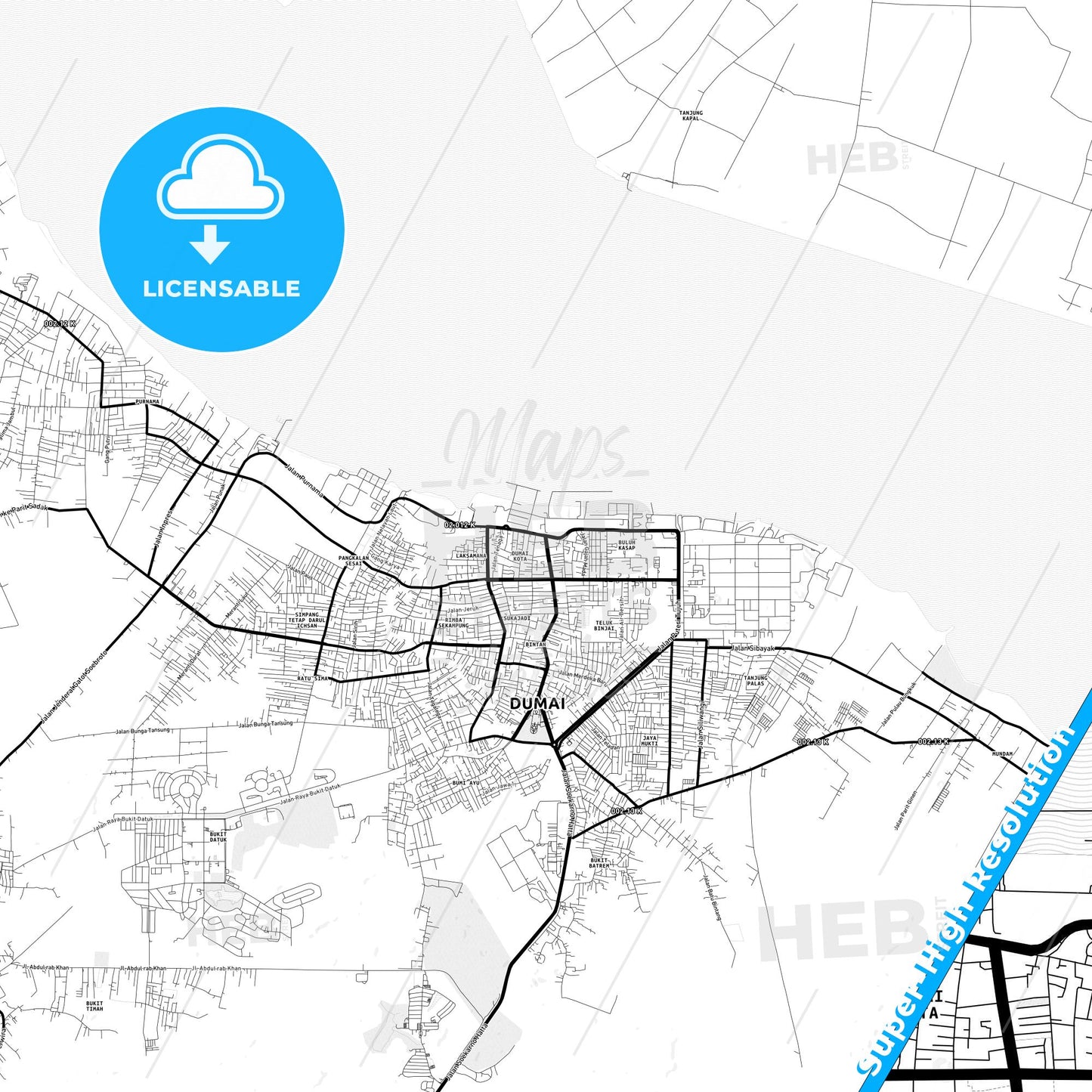 Dumai, Indonesia Light Map with Street Names, City Names, and Districts
