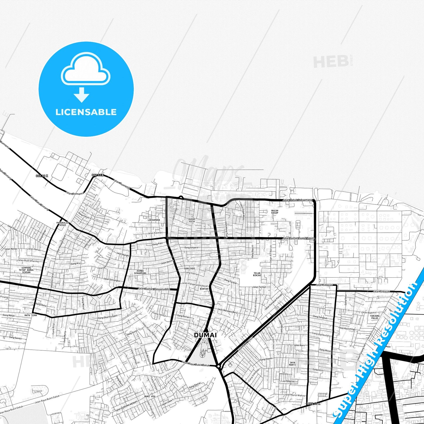 Dumai, Indonesia Light Map with Street Names, City Names, and Districts
