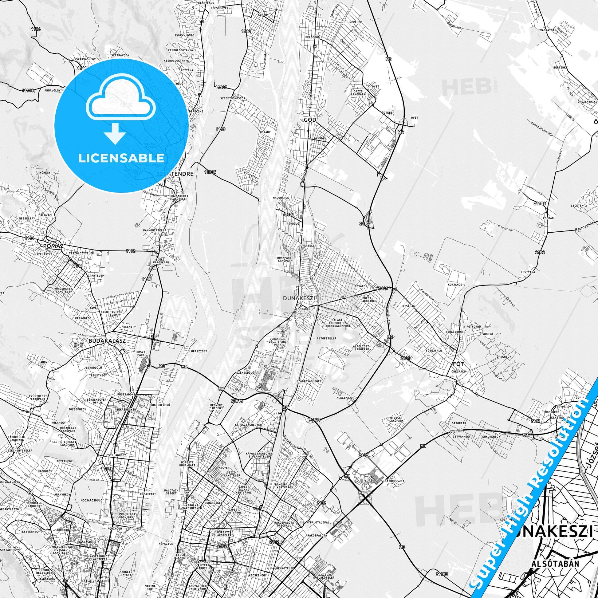 Dunakeszi, Hungary light map with streetnames, citynames and districts