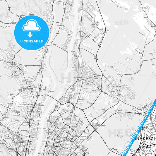 Dunakeszi, Hungary light map with streetnames, citynames and districts