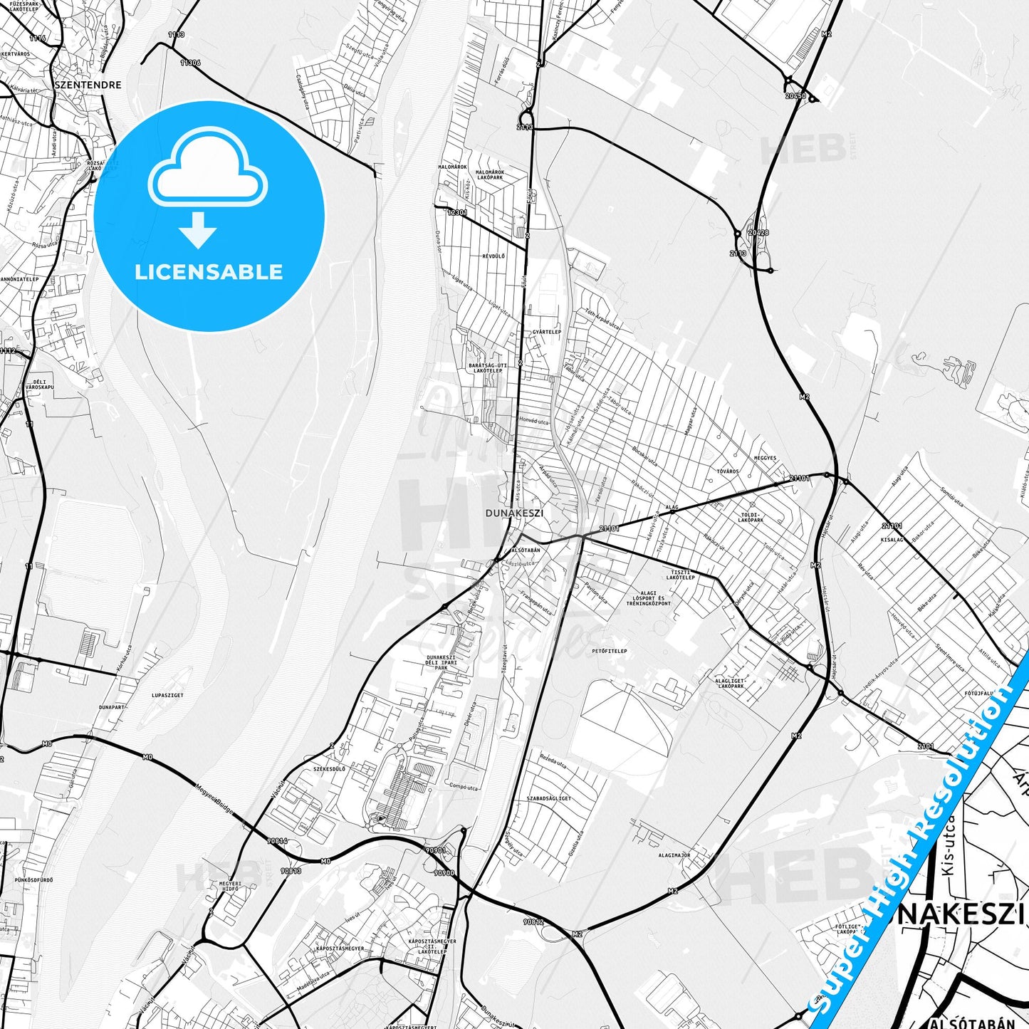 Dunakeszi, Hungary Light Map with Street Names, City Names, and Districts