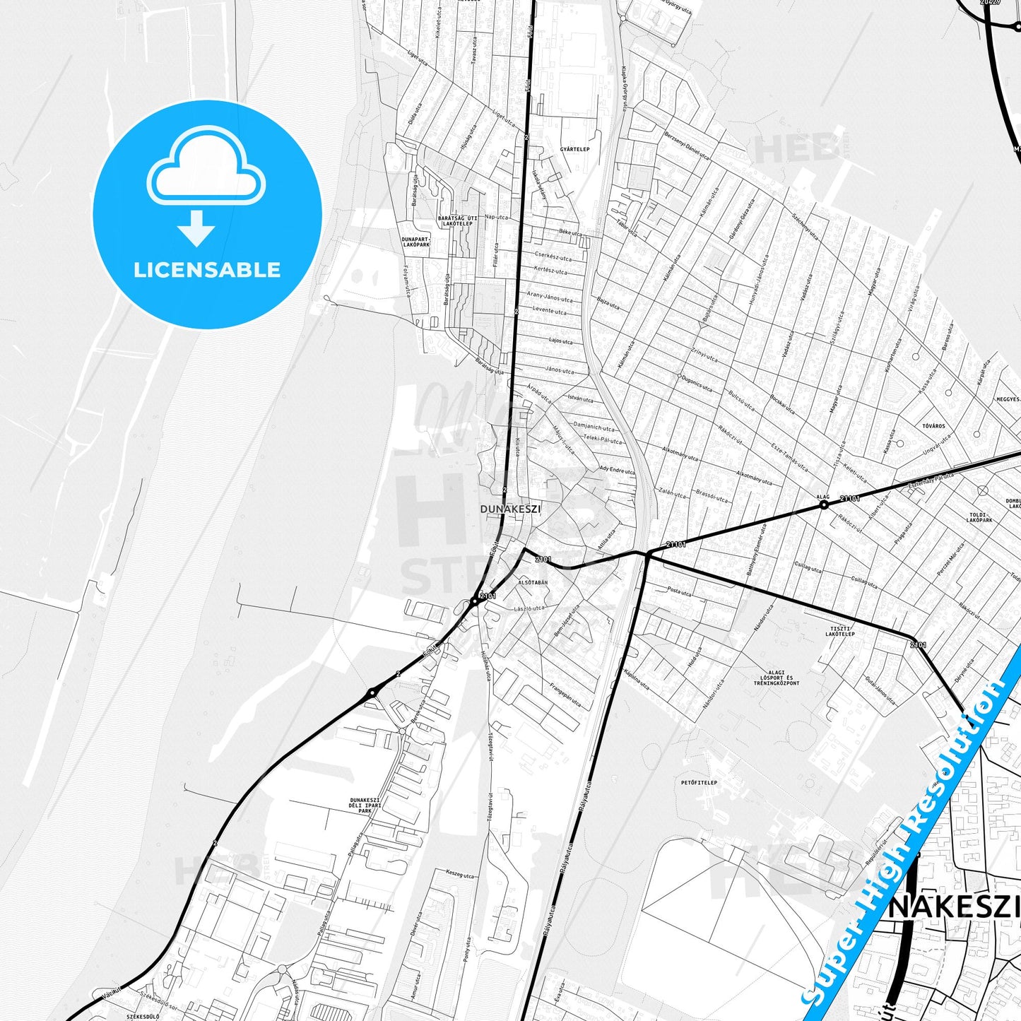 Dunakeszi, Hungary Light Map with Street Names, City Names, and Districts