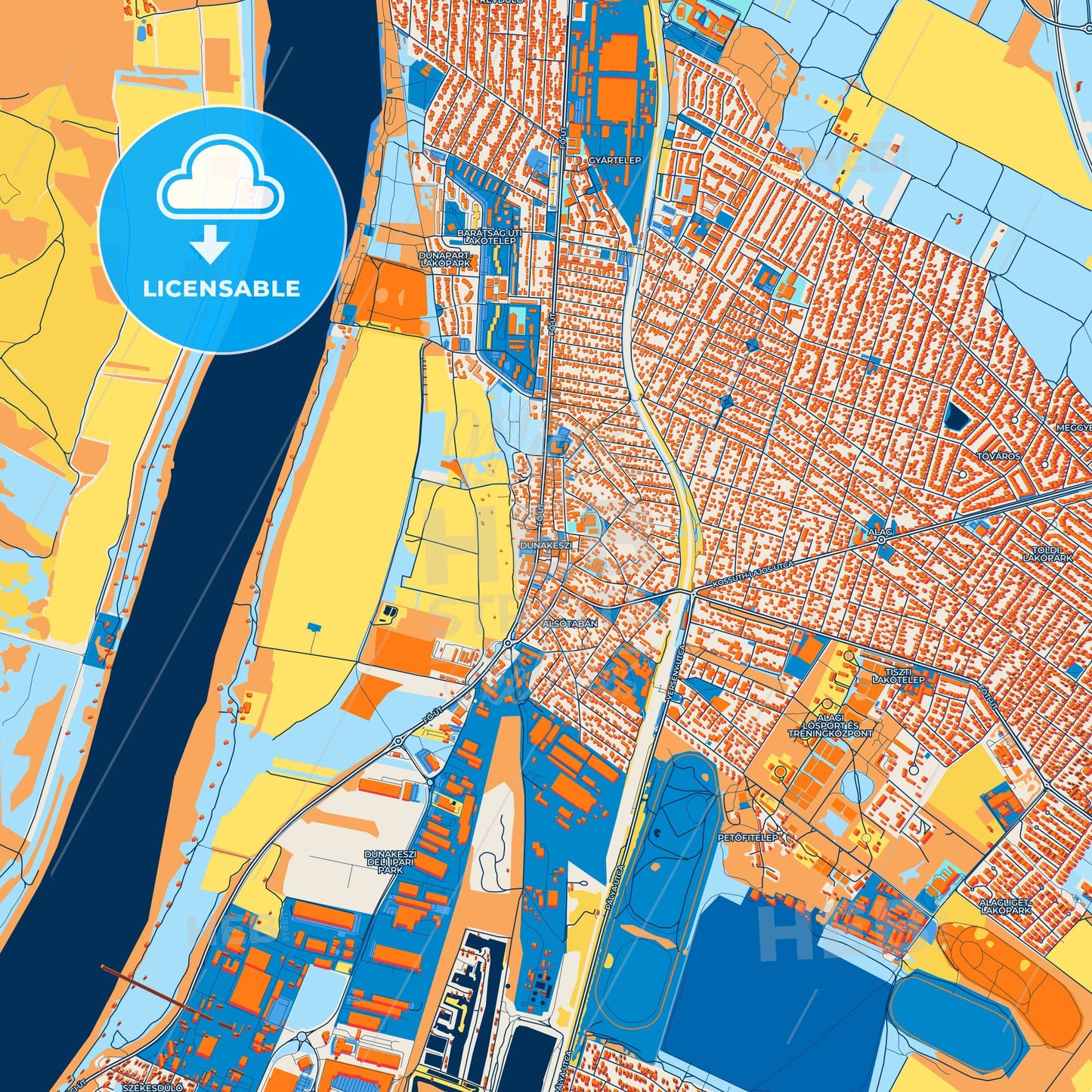 Colorful Dunakeszi Street Map with Labels and Buildings