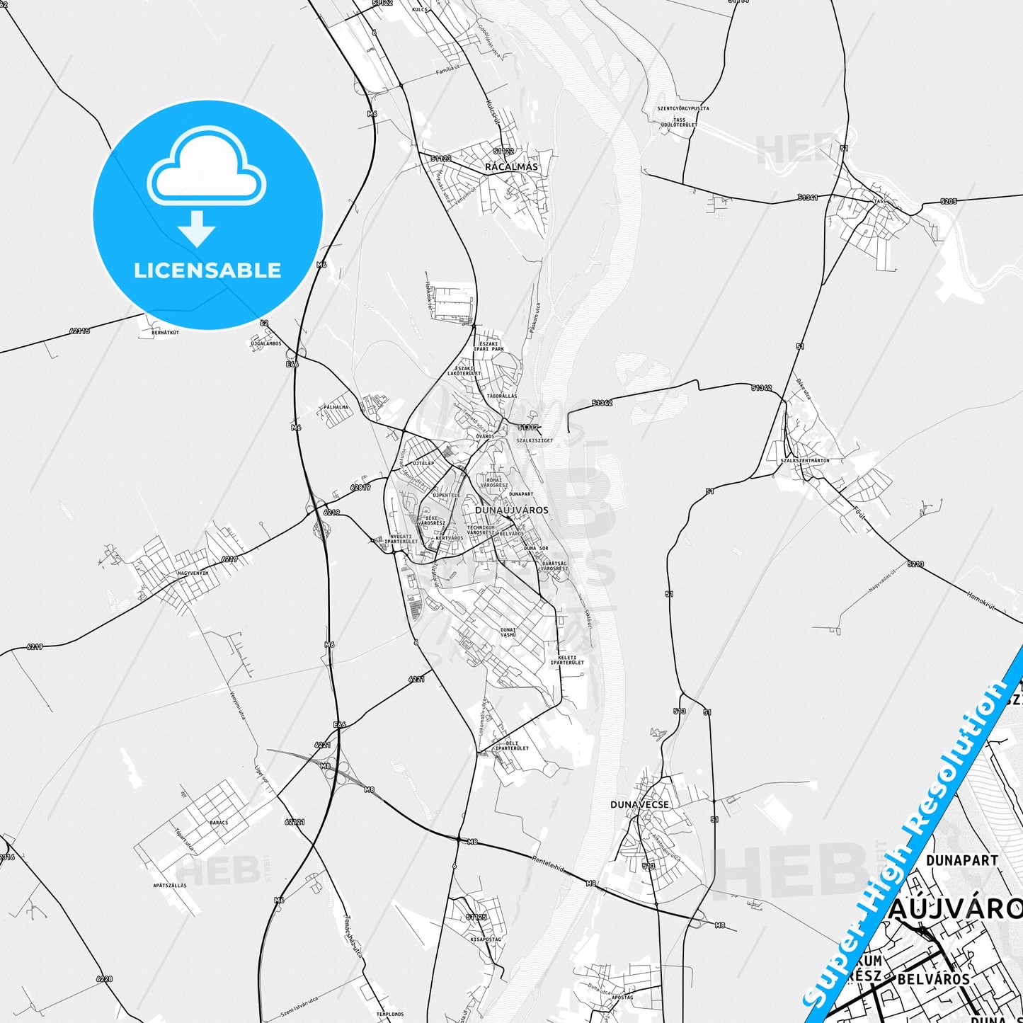Dunaújváros, Hungary light map with streetnames, citynames and districts