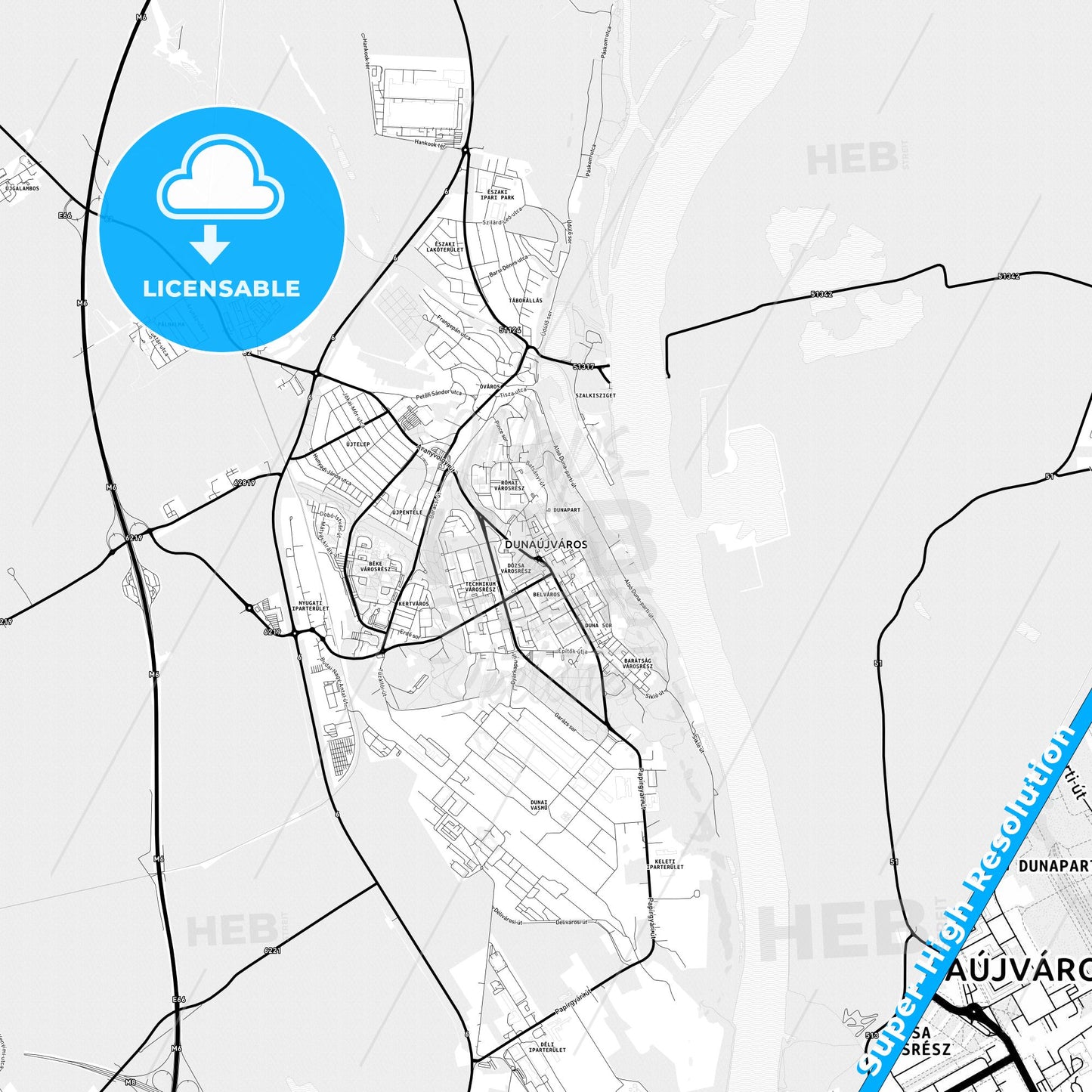 Dunaújváros, Hungary Light Map with Street Names, City Names, and Districts