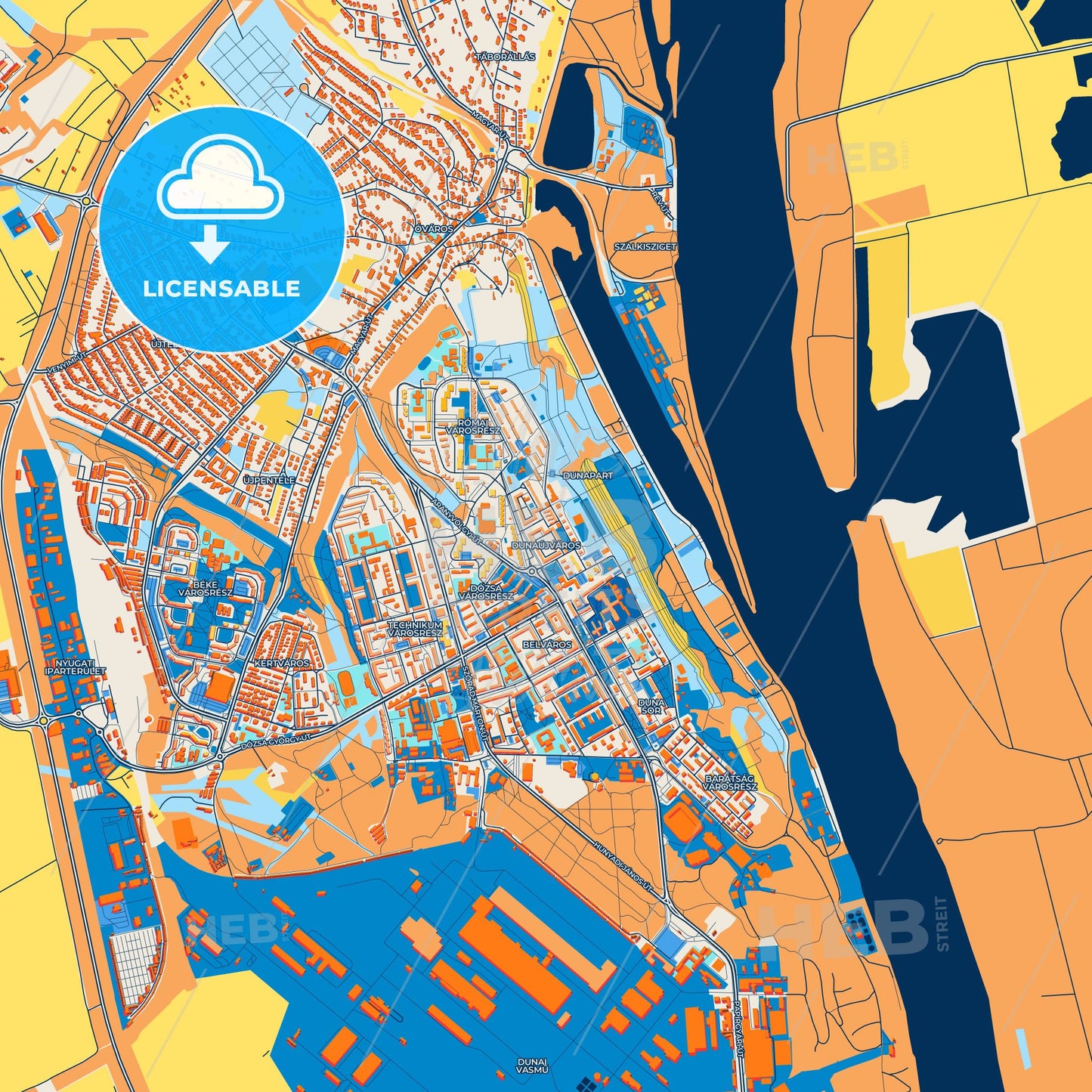Colorful Dunaújváros Street Map with Labels and Buildings