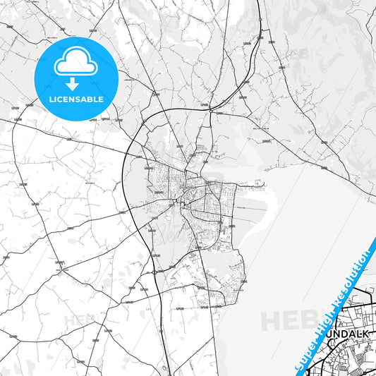 Dundalk, Ireland light map with streetnames, citynames and districts