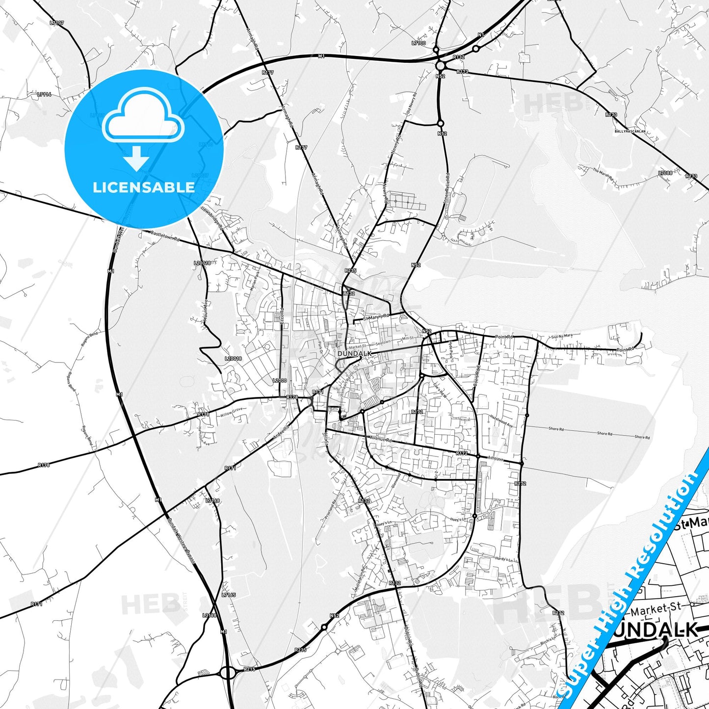 Dundalk, Ireland Light Map with Street Names, City Names, and Districts