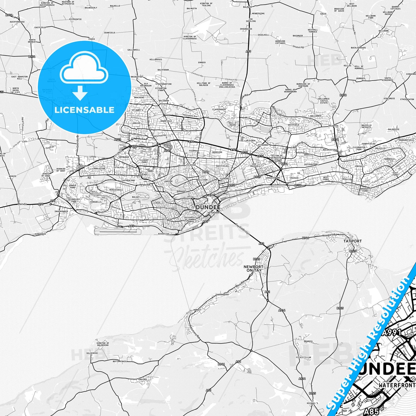 Dundee, Scotland light map with streetnames, citynames and districts