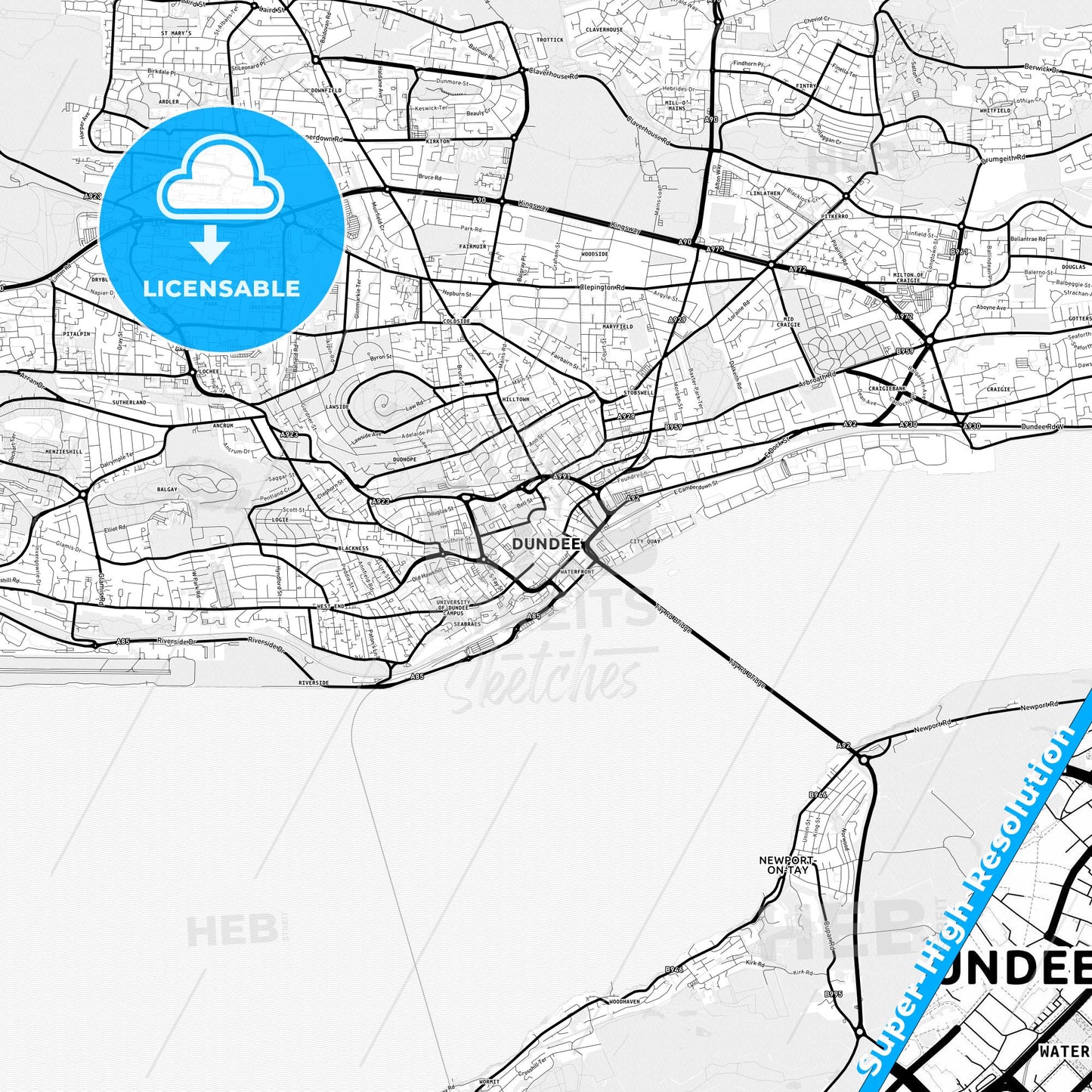 Dundee, Scotland Light Map with Street Names, City Names, and Districts