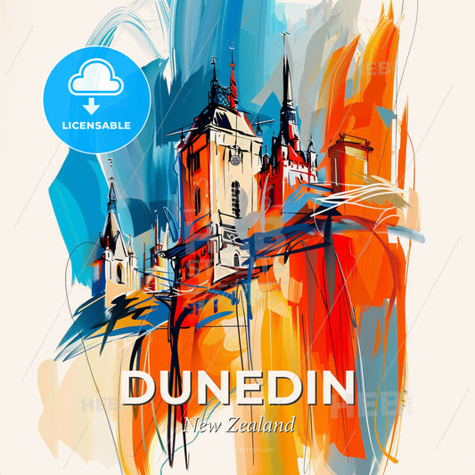 Vibrant Dunedin, New Zealand - A Painting Of A Castle - Square format print template